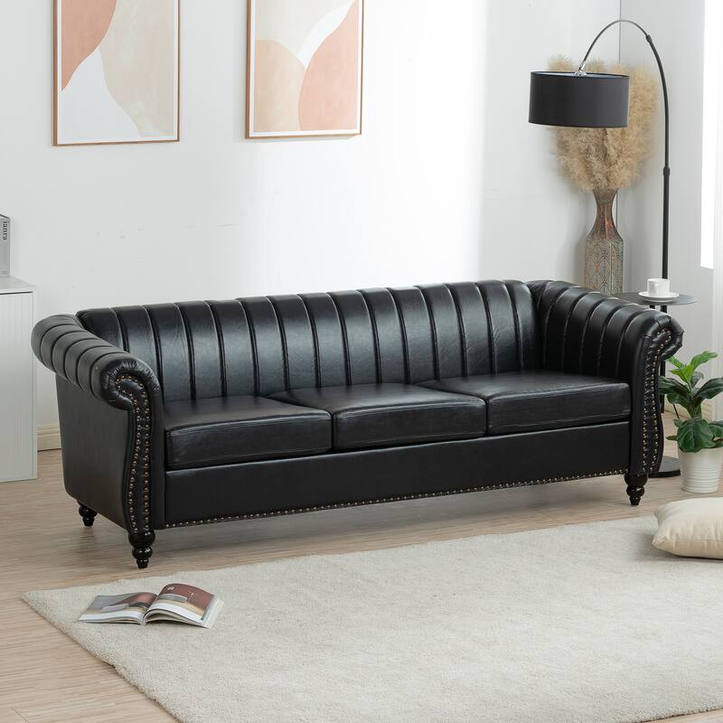 Chesterfield Sofa 83.46" with PU Leather, Quilted Backrest, Birch Legs