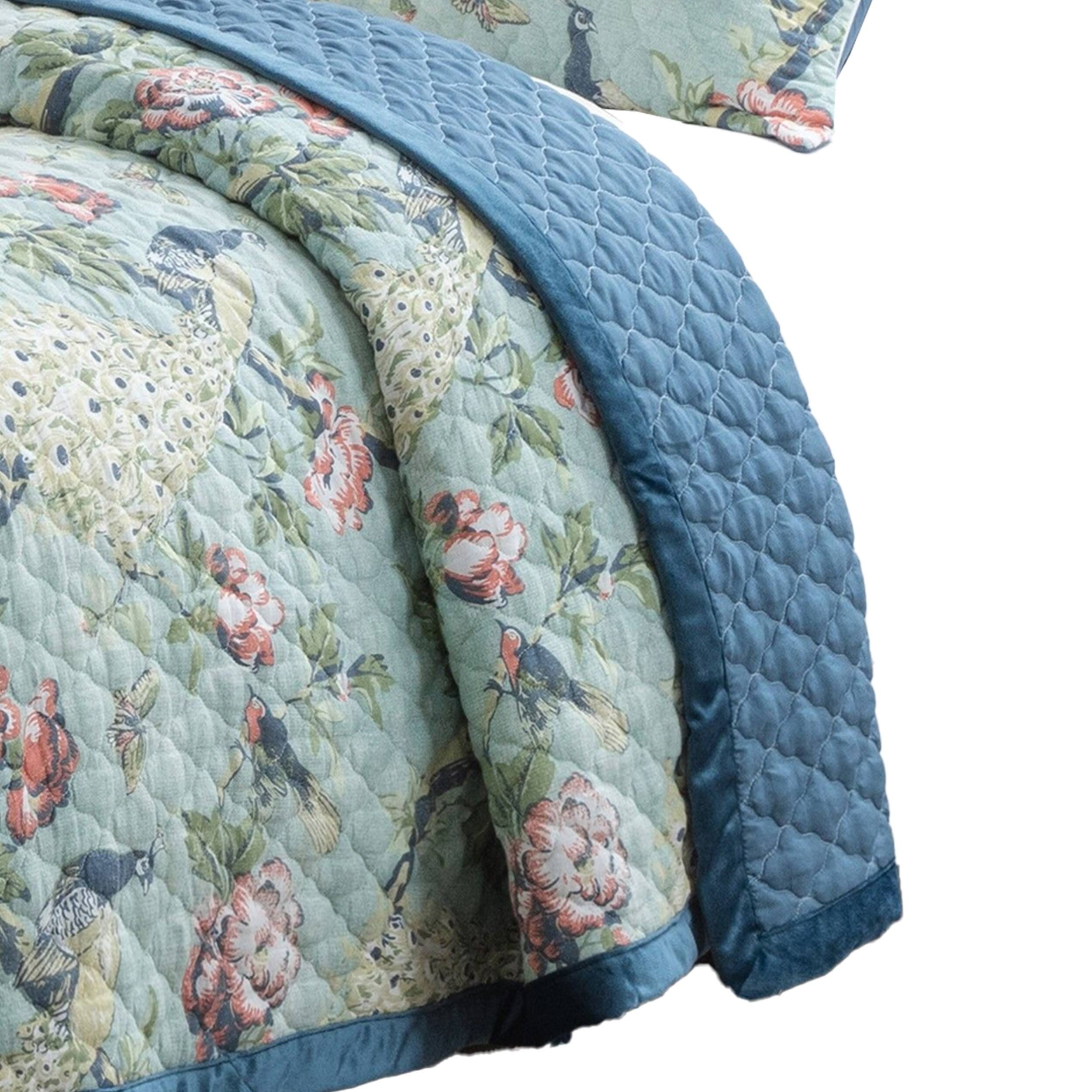 Eden 2 Piece Twin XL Quilt Set, Peacock and Songbirds, Green Microfiber