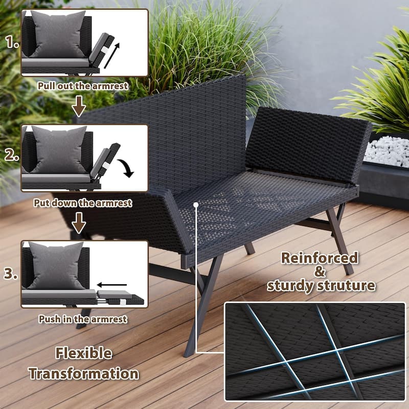 BOSSIN All-Weather Rattan Convertible Daybed - Outdoor Sofa w/ Adjustable Arms & Waterproof Cushions - Patio, Poolside, Porch