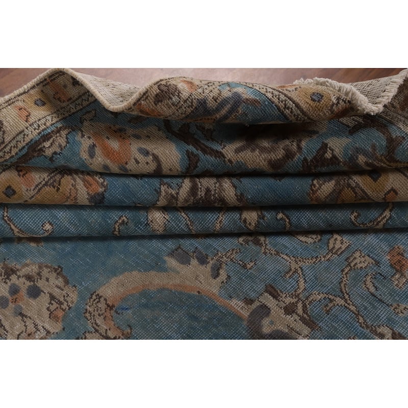 Light Blue Distressed Tabriz Persian Antique Rug Handmade Wool Carpet - 10'2" x 13'2"