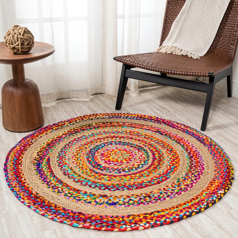JONATHAN Y Asilah Round Boho Braided Rag & Jute Area Rug