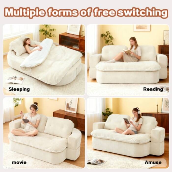 Modern Convertible Floor Sofa Bed with Corduroy Cushion, 2 Pillows & No Assembly