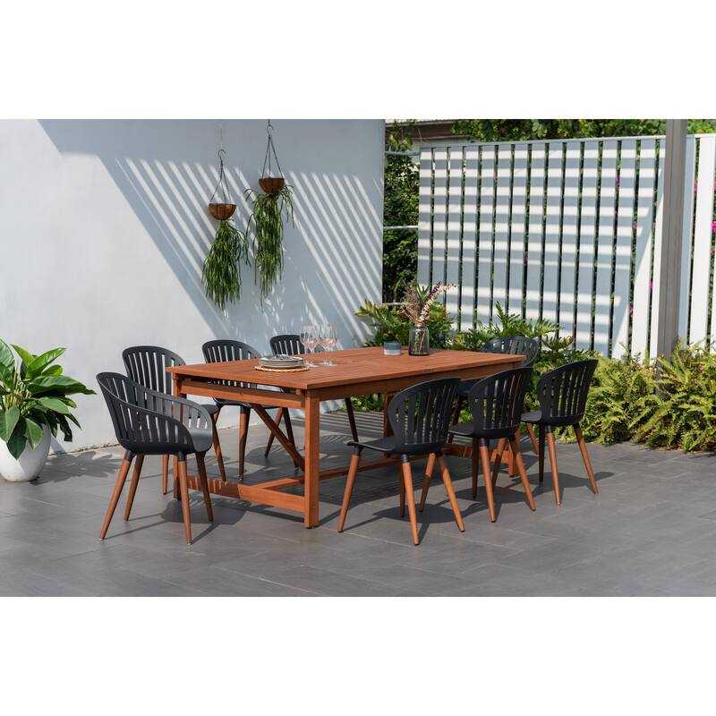 Amazonia Rawlins 9pc 100 FSC Wood Outdoor Patio Dining Set - Black Sidechairs - Dark Wood