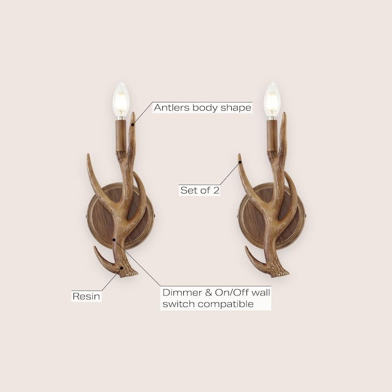 Oakley 5.5" 1-Light Southwestern Bohemian Resin/Iron Faux Antler LED Sconce, Brown Wood Finish (Set of 2) by JONATHAN Y