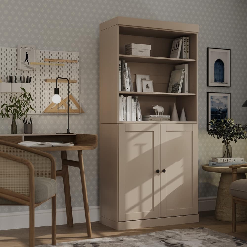 Solid Wood Tall Freestanding Bookcase with Doors, Adjustable Shelves, Modular Storage, Open Display Bookshelf, 32" W x 71.5" H