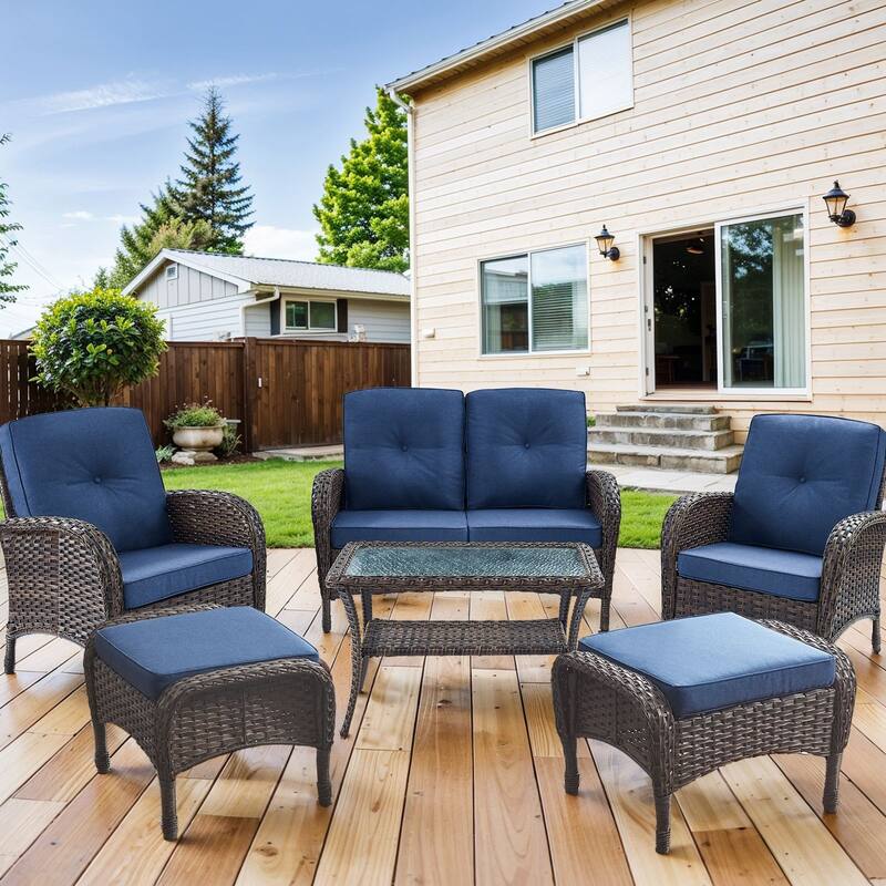Patio Chairs Ottomans with Sofa Coffee Table -Blue - Brown - Brown - Blue