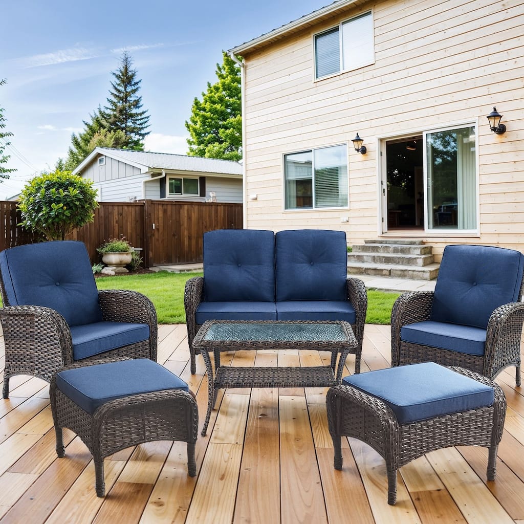 Patio Chairs Ottomans with Sofa Coffee Table -Blue - Brown