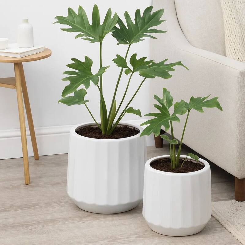 Fusie Planter Set of 2, Round, White Finish Ceramic, Vertical Faceted