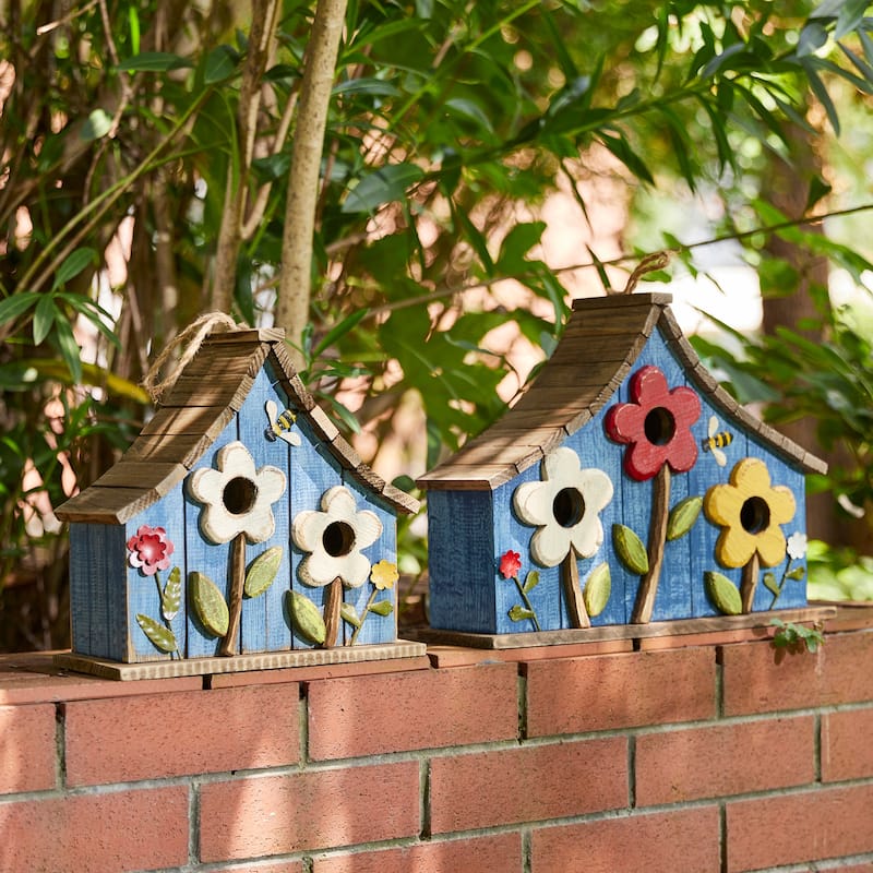 Glitzhome 10.5"H Distressed Solid Wood Birdhouse with 3D Flowers - 10.5"