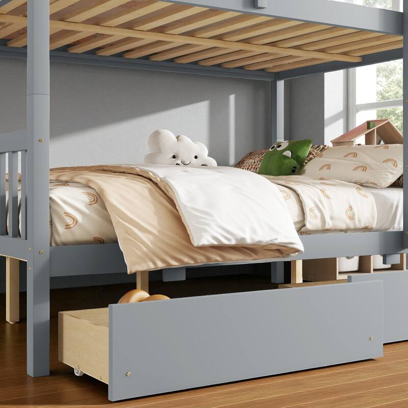 Full Over Full Rubber Wood Bunk Bed with 2 Storage Drawers, Convertible into 2 Full Beds, Ladder and Safety Guardrails