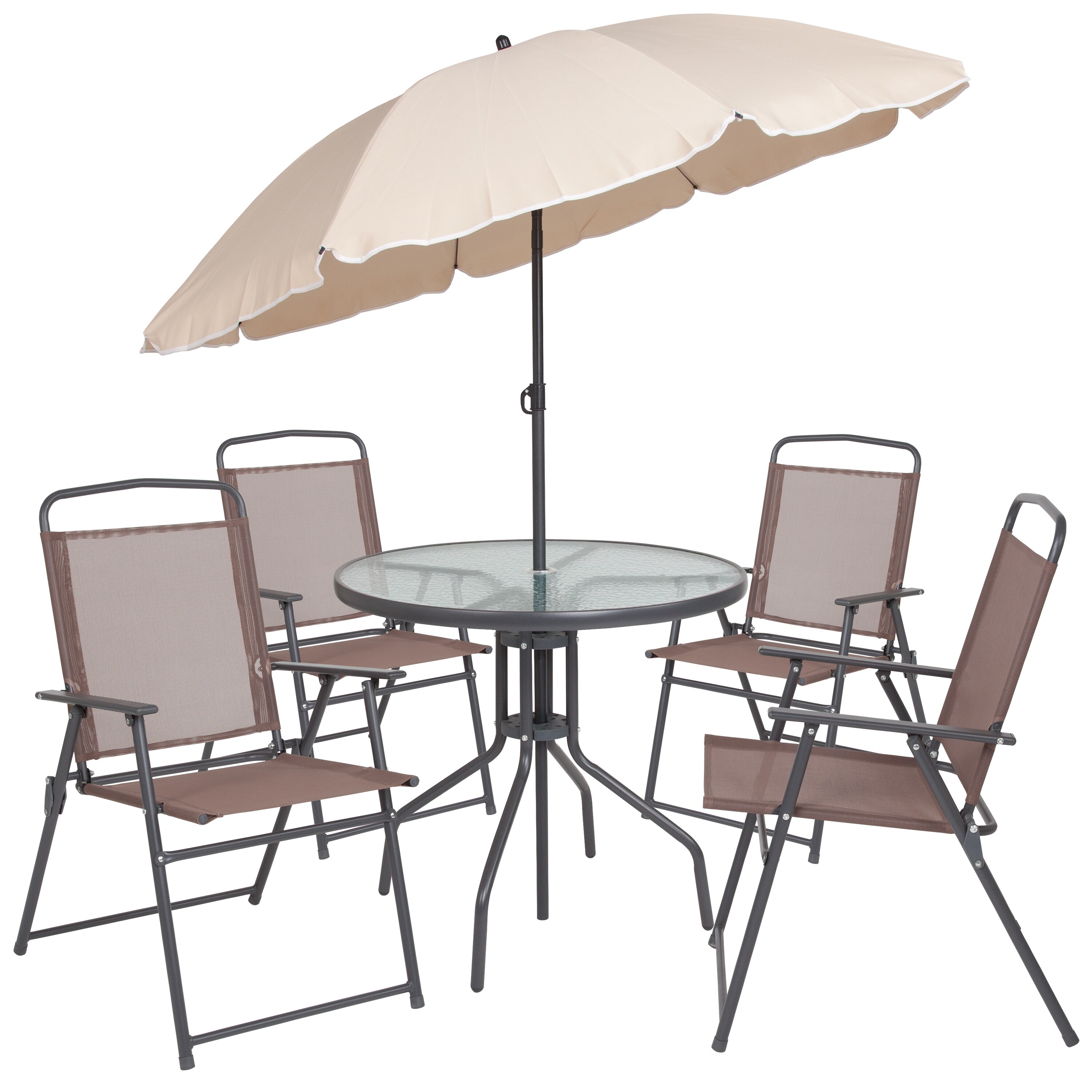 Shop Black Friday Deals On Nantucket 6 Piece Patio Garden Set With Table Umbrella And 4 Folding Chairs Overstock 22520030 Brown