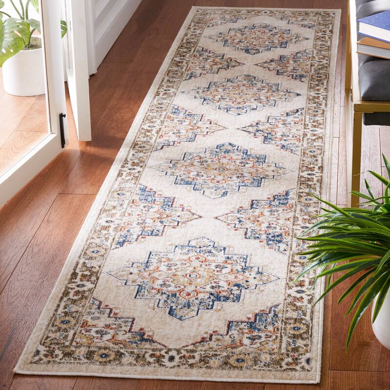 SAFAVIEH, Olympia Desdemona Abstract Rug - 2'3" x 9' Runner - Beige/Blue