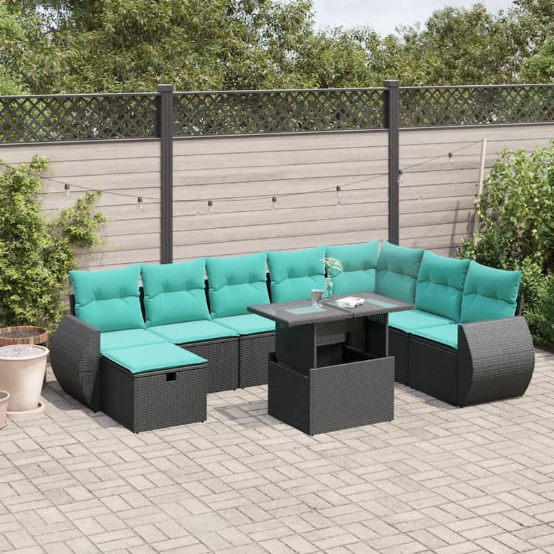 vidaXL Patio Sofa Set with Cushions Sectional Couches 9 Piece Poly Rattan - 24.4 x 24.4 x 27.2 - Black
