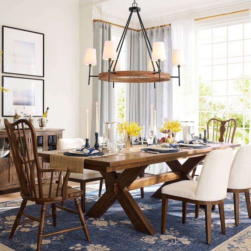 6-Light Vintage Farmhouse Wood Material Black Wagon Wheel Chandelier with Wood Material and Fabric Shade