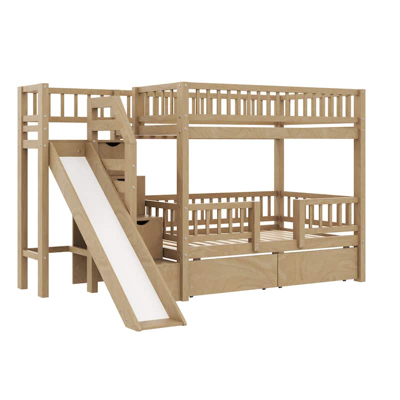Twin Over Twin Bunk Bed with Storage Staircase, Slide and 2 Drawers