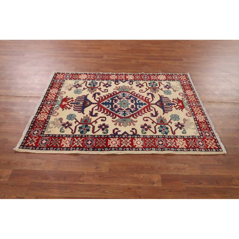 Geometric Kazak Accent Rug Hand-Knotted Foyer Wool Carpet - 3'5" x 4'10"