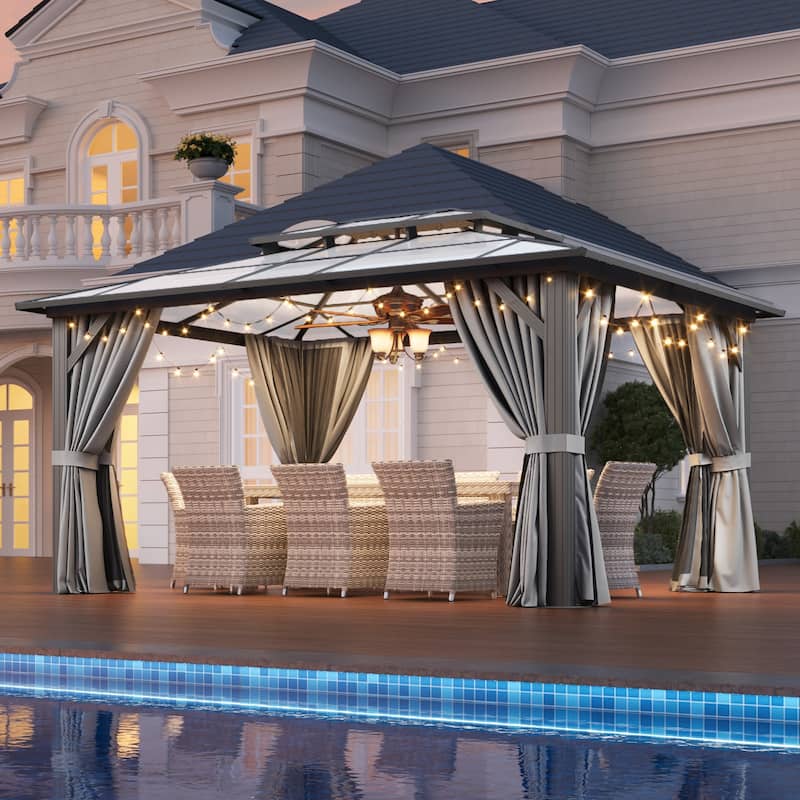 Hardtop Gazebo, Aluminum Frame Permanent Pavilion with Curtains and Netting