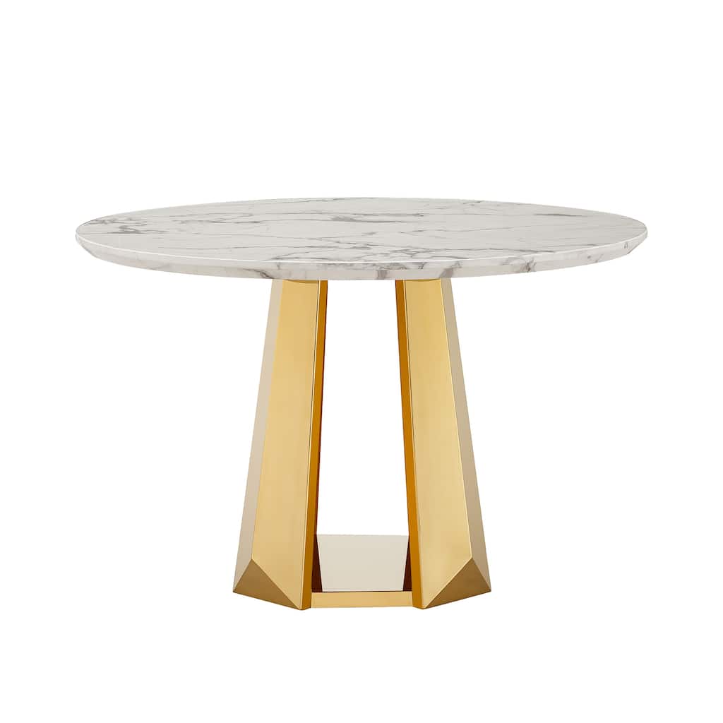 47" Round Dining Table with Faux Marble Tabletop and Stainless Steel Base - Gold+White