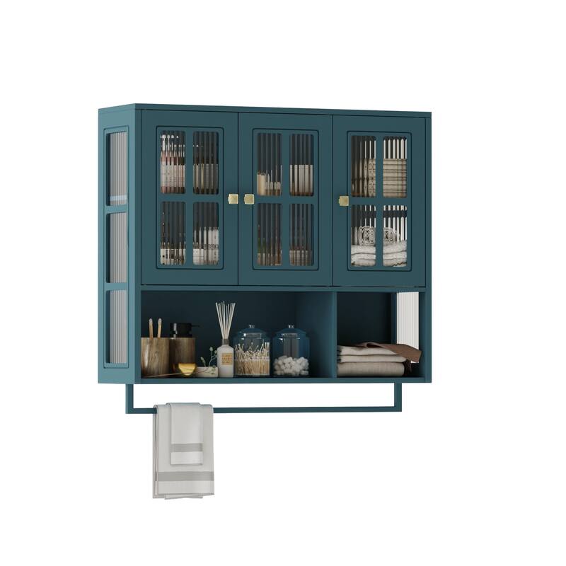 3-Door Bathroom Wall Cabinet with Glass Door, Towel Bar & Storage