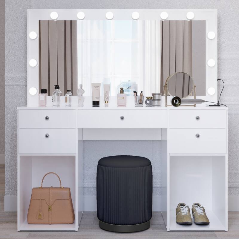 Makeup Vanity Desk w/ Free Black Storage Stool, LED Mirror, 5 Drawers, extra Storage, USB, Power Outlet