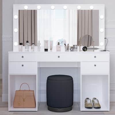 Makeup Vanity Desk w/ LED Mirror, 9 Drawers, Glass Top, Crystal Knobs, USB-C/USB-A & 110V Outlet