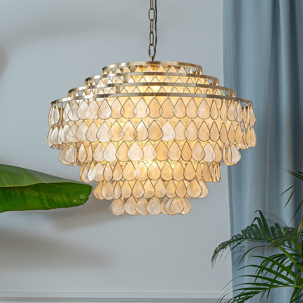 7-Light 24'' Mid-Century Modern Coastal Aged Bronze 4-Tier Natural Capiz Shell Chandelier Glam Pendant Light For Dining Room
