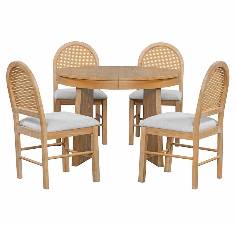 5 Piece Round Extendable Dining Table Set with 4 Upholstered Chairs