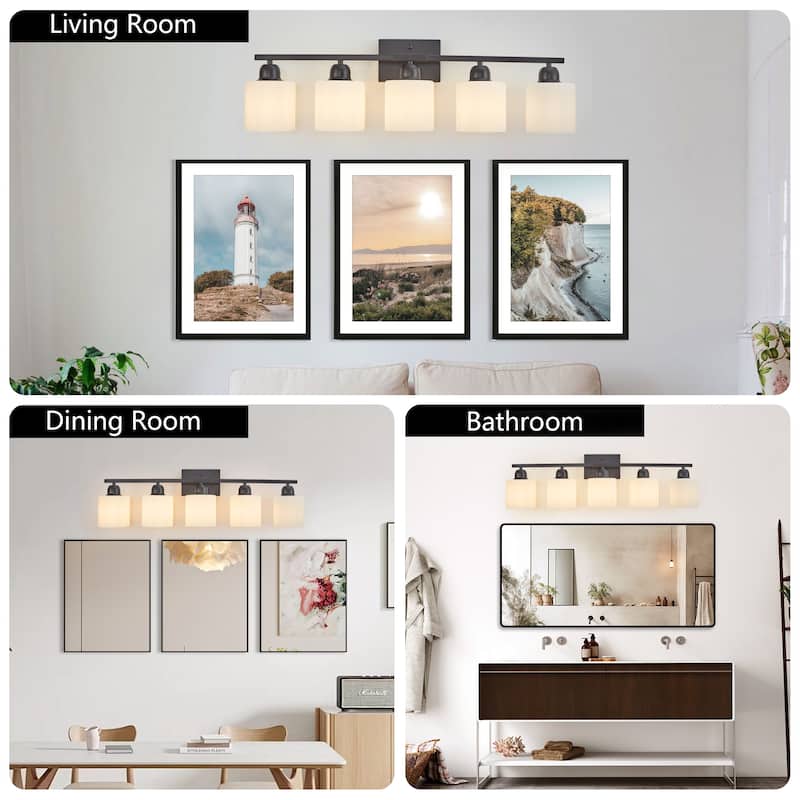 5-Light Black Bathroom Vanity - Milky Frosted Glass - E26 Socket