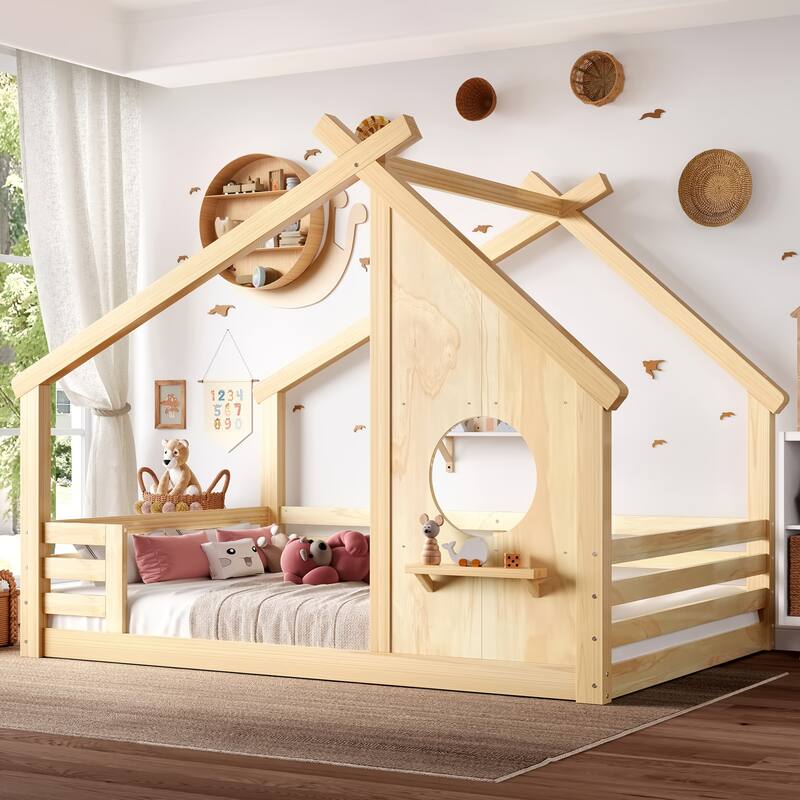 Montessori Kids House-shaped Floor Bed with Window and Shelf