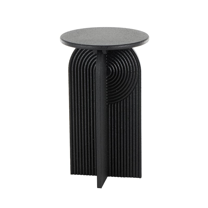 Black Wood Sandstone Carved Art Deco Arched Pedestal Geometric Accent Table