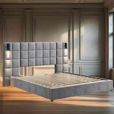 Upholstered King Bed with Adjustable Reading Lamp & USB Port, Wide Headboard, Velvet Fabric, No Box Spring Required