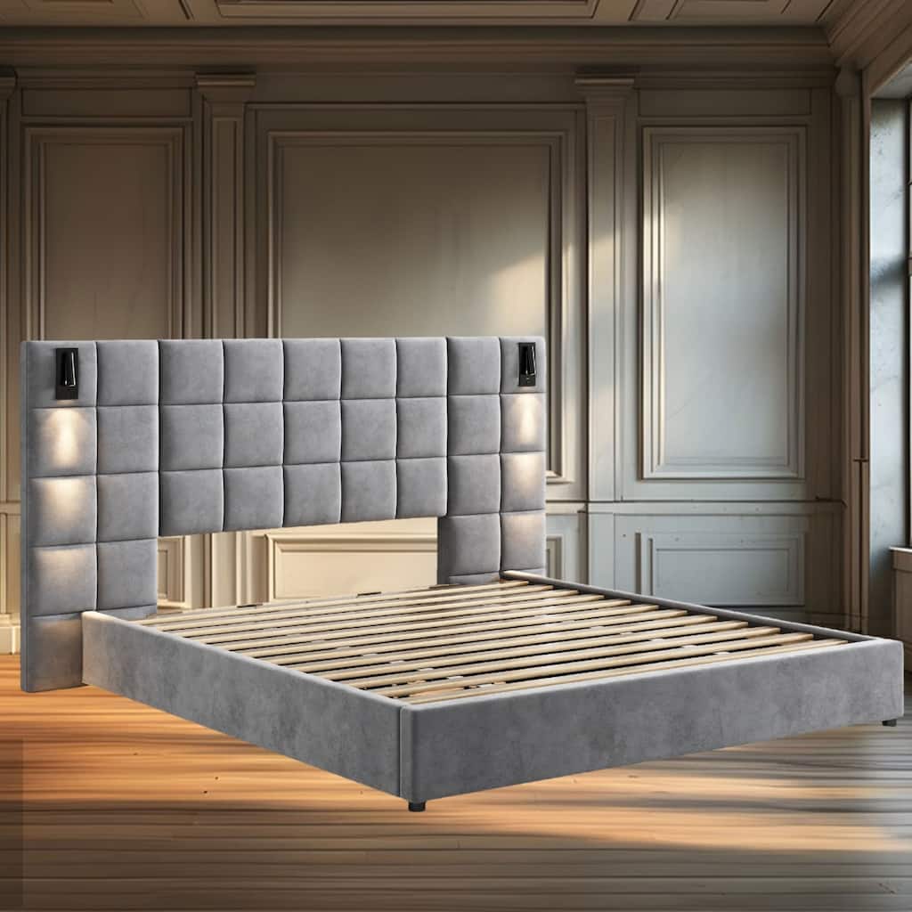 Upholstered King Bed with Adjustable Reading Lamp & USB Port, Wide Headboard, Velvet Fabric, No Box Spring Required