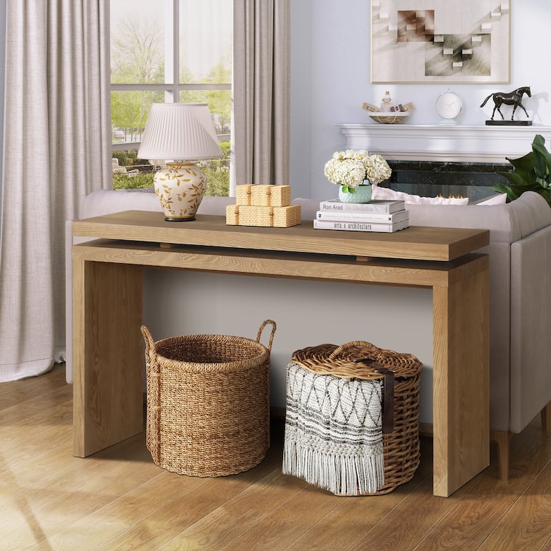 60in Antique Natural Farmhouse Console Table Retro Wooden Double Board Entryway Sofa Table