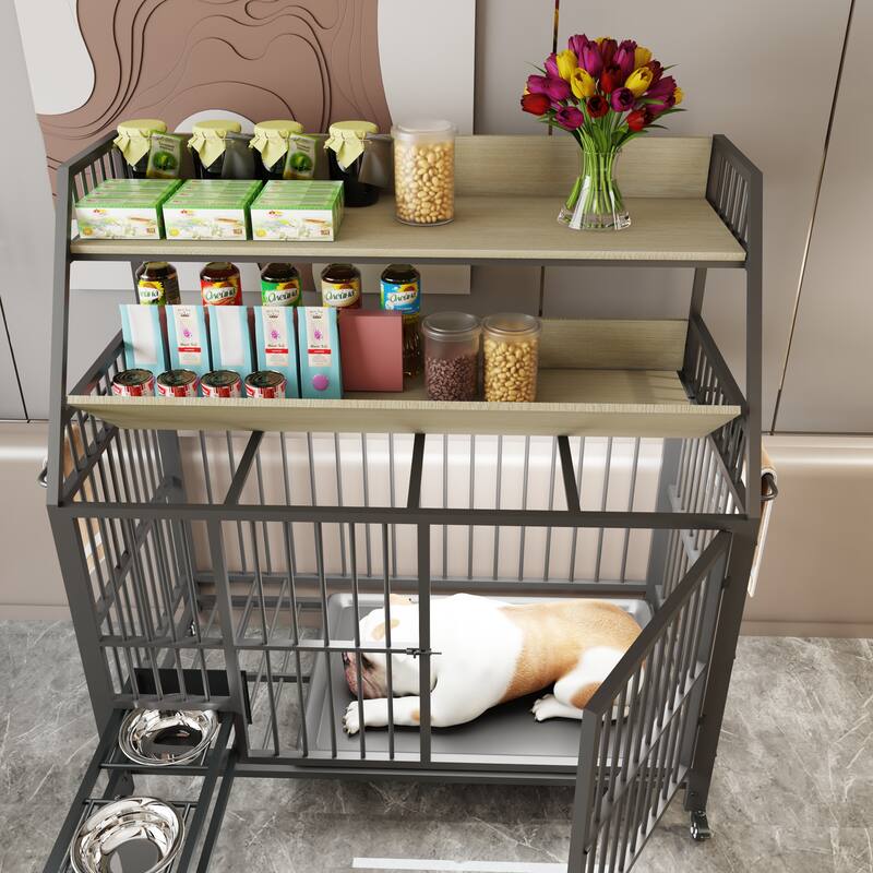 Large Pet Cage with Storage Rack, Drawers with Food and Water Basins, Double-Layer Storage Rack, Iron Frame and MDF Material