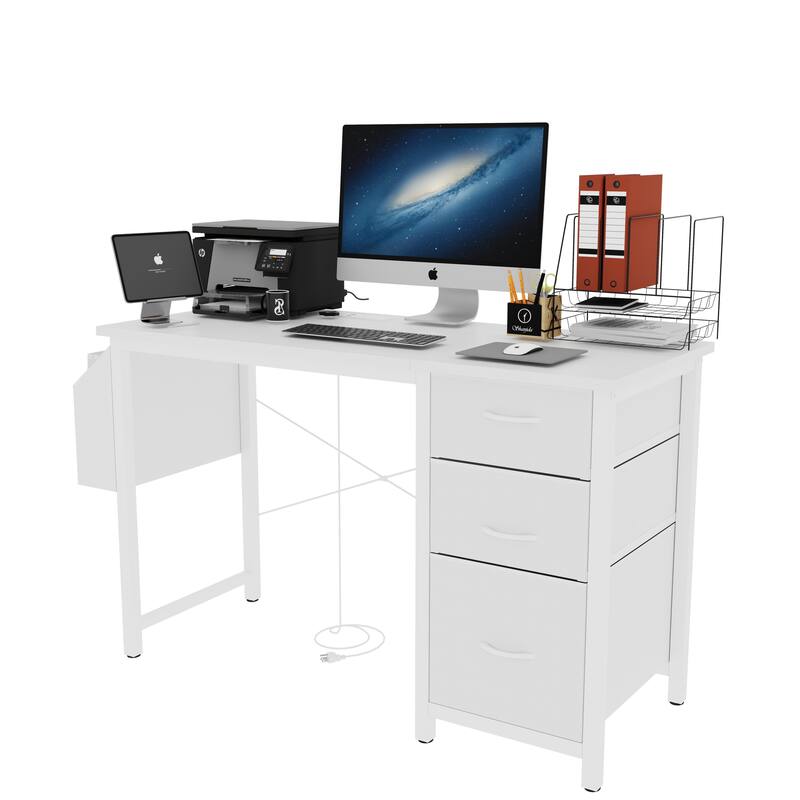 Anmytek 3 Drawer Home Office Desk with Built In Power Outlets Modern Writing Desk for Small Spaces Study Desk Computer Desk