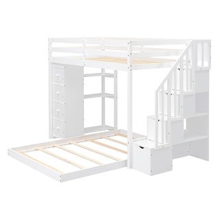Multifunctional Twin Over Full Bunk Bed with 3-layer Shelves, Drawers and Storage Stairs