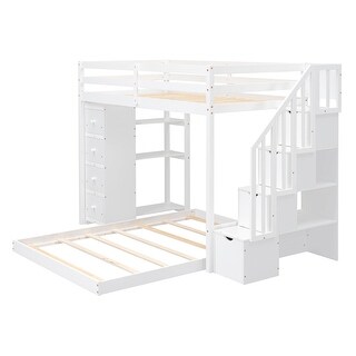 Twin Over Full Bunk Bed w/ Shelves, Drawers and Storage Stairs, Cream