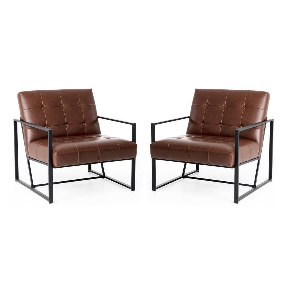 Glitzhome Set of 2 29.25"W Mid-Century PU Leather Tufted Accent Chairs