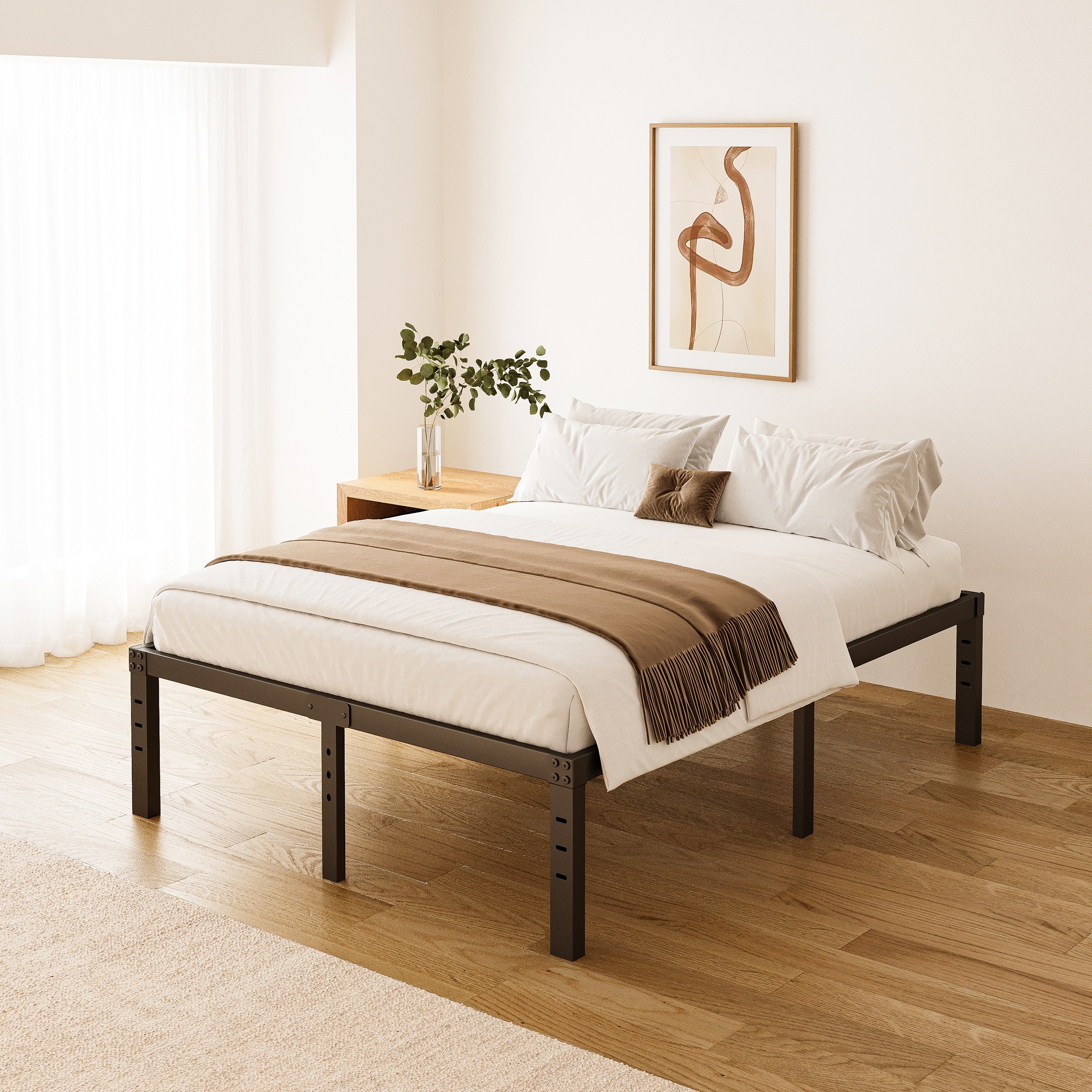 18 Inch Black Metal Platform Bed Frame With Wood Slats Support