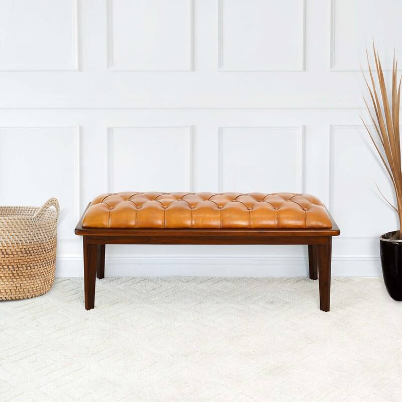 GDFStudio - Arden Modern Genuine Leather Bench with Button Seat & Solid Wood Legs - 49.61"W