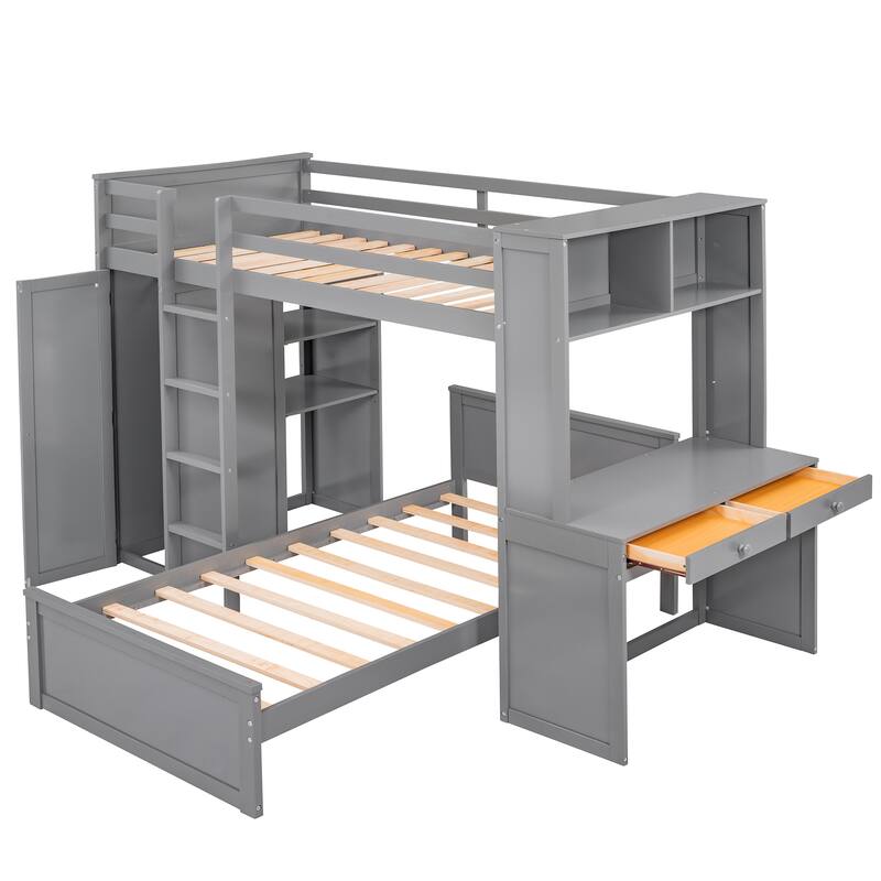 Twin Pine Loft Bed with Stand-alone Bed, Shelves, Desk, Wardrobe