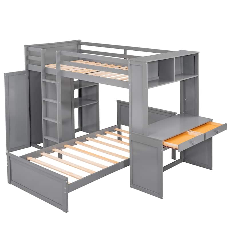 Twin Size Loft Bed with Stand-Alone Bed, Shelves, Desk & Wardrobe - Bed ...