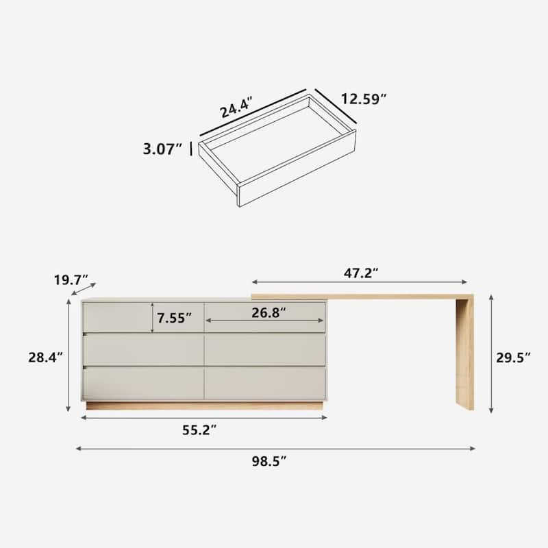 55.2 Inch White Corner L-Shaped Dressing Table with 6 Drawers Perfect for Bedrooms or Study Rooms