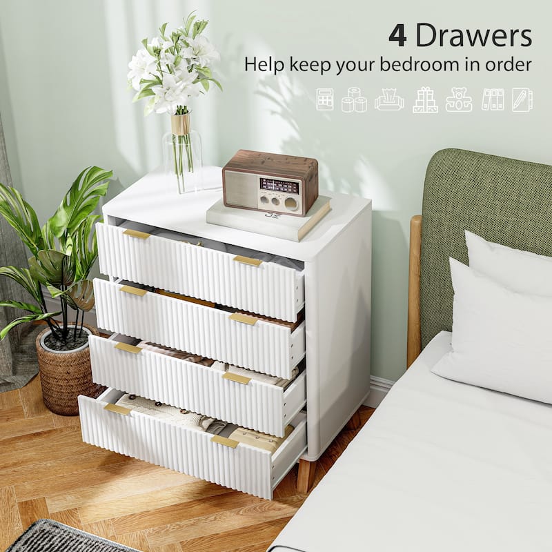 HOMCOM Fluted Dresser for Bedroom with 4 Drawers, 28" Wide Chest of Drawers with Gold Finger Pulls and 4 Wood Legs, Natural Wood
