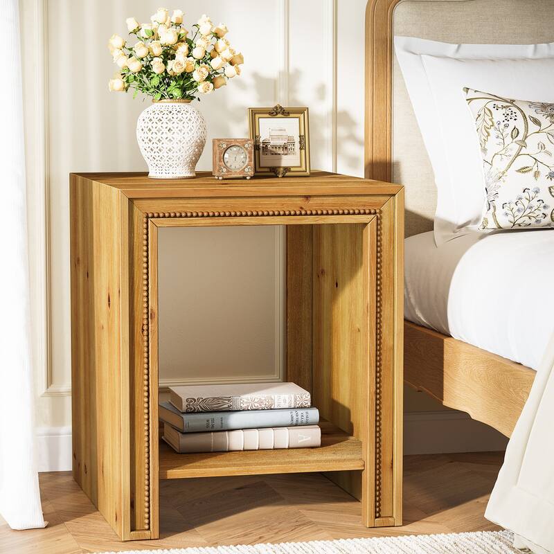 2-Tier Solid Wood End Table with Storage Shelves, Side Table Nightstand for Living Room Bedroom