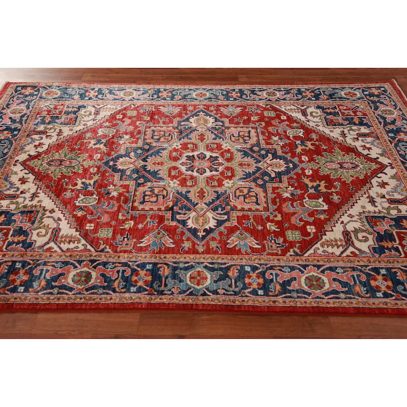 Vegetable Dye Red Heriz Serapi Oriental Area Rug Handmade Wool Carpet - 5'6"x 7'11"