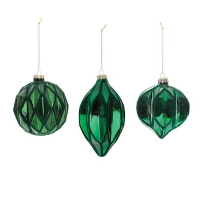 Textured Harlequin Glass Christmas Ornaments - 6" - Green - 6ct