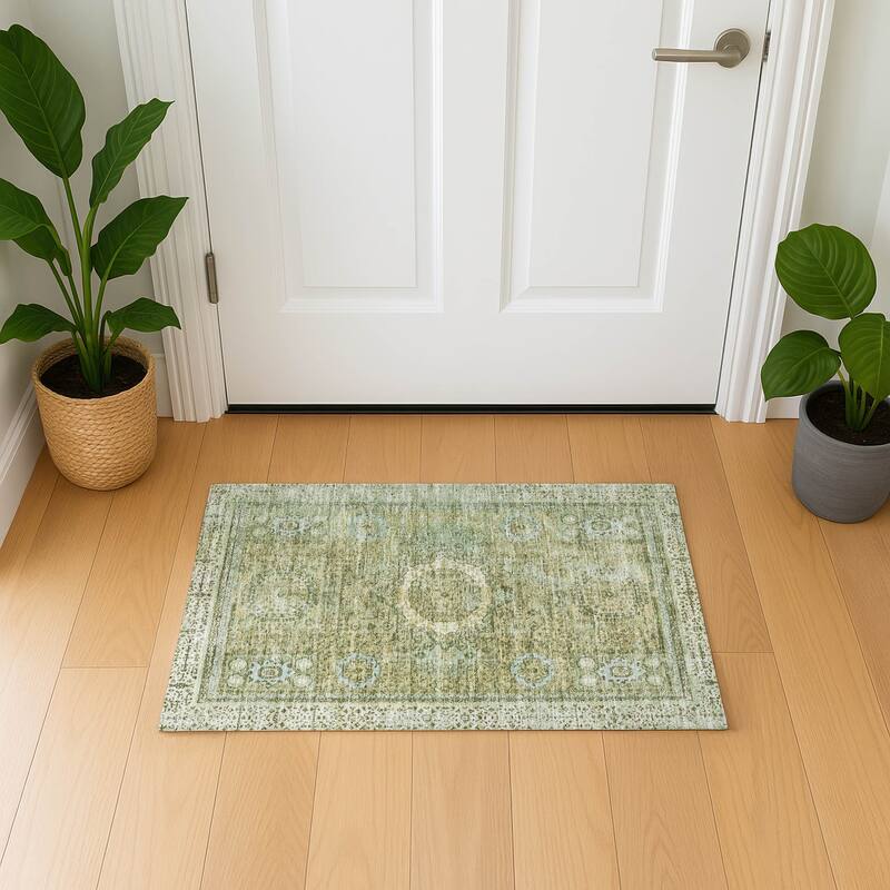 Premium Washable Super Soft Vintage Traditional Mayfield Rug - Sage - 1'8" x 2'6"