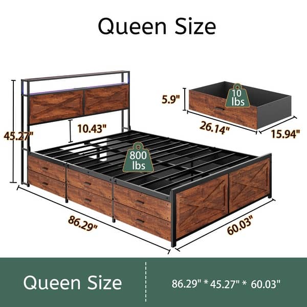 dimension image slide 1 of 2, Queen Bed Frame with Storage Headboard and 12 Drawers LED Lights, Metal Slats Support