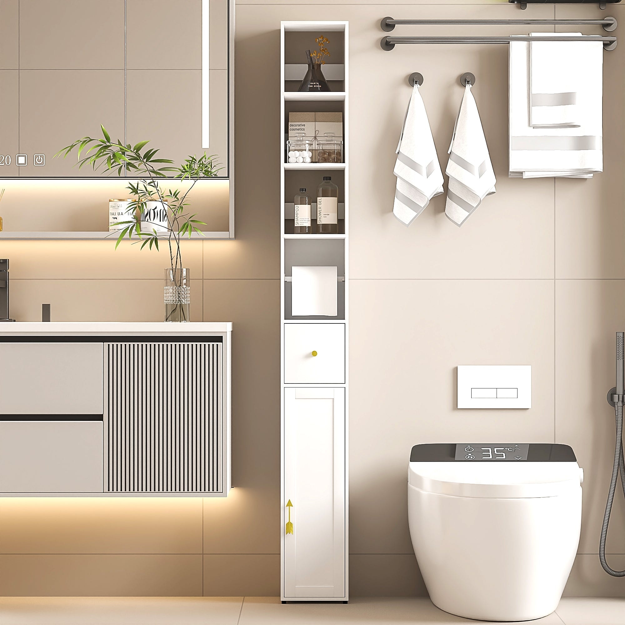 VECELO Tall Bathroom Storage Cabinet, Freestanding Linen Tower with 4-Tier Shelf, 1 Drawer and 1 Cupboards